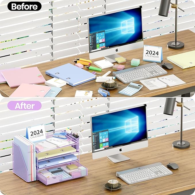 OPNICE Desk Organizer and Accessories, 4-Tier Desktop File Organizer with Drawer and 2 Pen Holders, Office Desk Accessories, File Sorters, Workspace Organizers for Office Supplies(Purple)