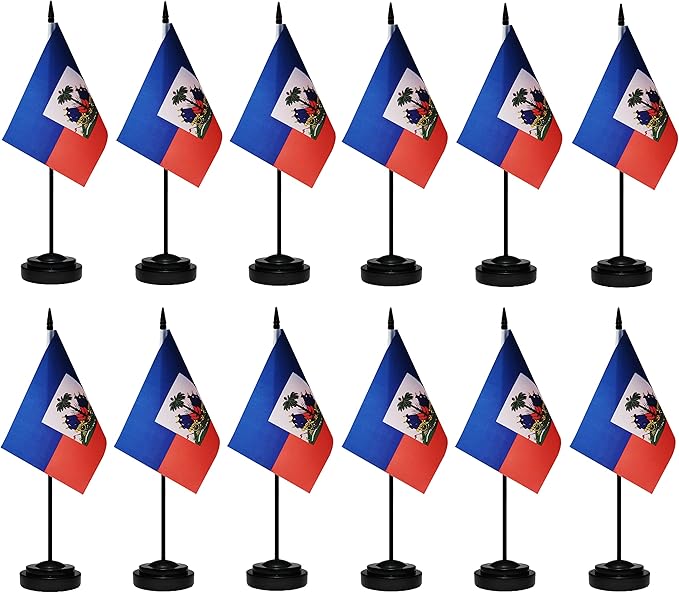 Haiti Flags Haitian Desk Flags Set Small Mini Haiti Flags Table Flag with 13" Black Pole, Black Base and Spear Top, Miniature Haitian Deluxe Desktop Flag, Home Decoration, Office Decoration, Festival