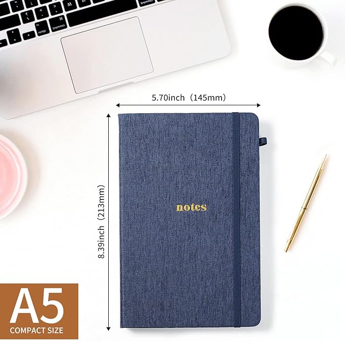 A5 Lined Journal Notebook – Hardcover Fabric Cover 160 Pages 100 GSM Thick Paper With Elastic Band & Pen Holder College Ruled Writing Notebooks for Work School Travel Dark Blue