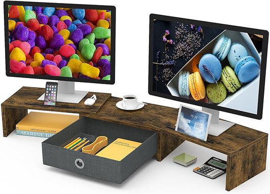 WESTREE Dual Monitor Stand Riser with Drawer, 3 Shelf Computer Monitor Riser with Adjustable Length and Angle, Desktop Monitor Stand Riser Storage Organizer for 2 Monitors