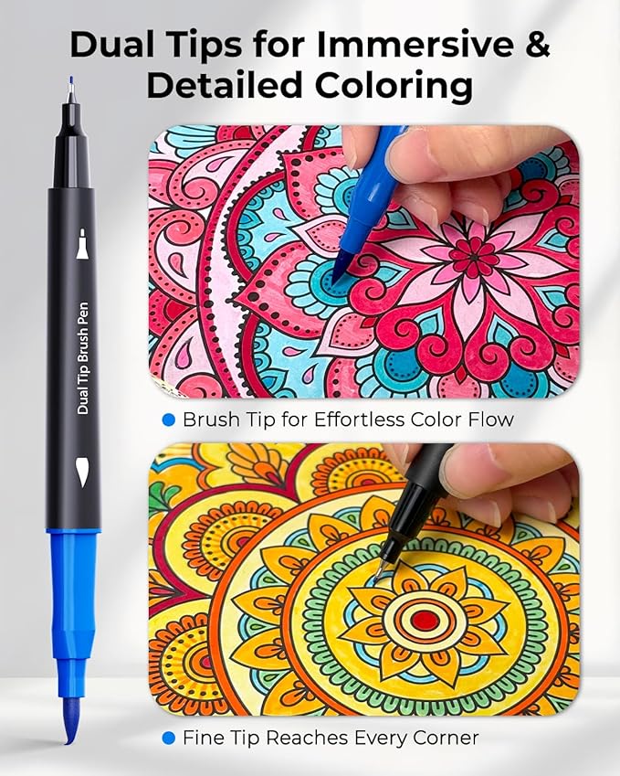 JusArt Markers for Adult Coloring Books No Bleeding, Coloring Markers with Dual Tips, Fine & Brush Pens with Ergonomic Triangle Grip & 33% More Ink, Water-Based Art Drawing Set for Adults, 80 Colors