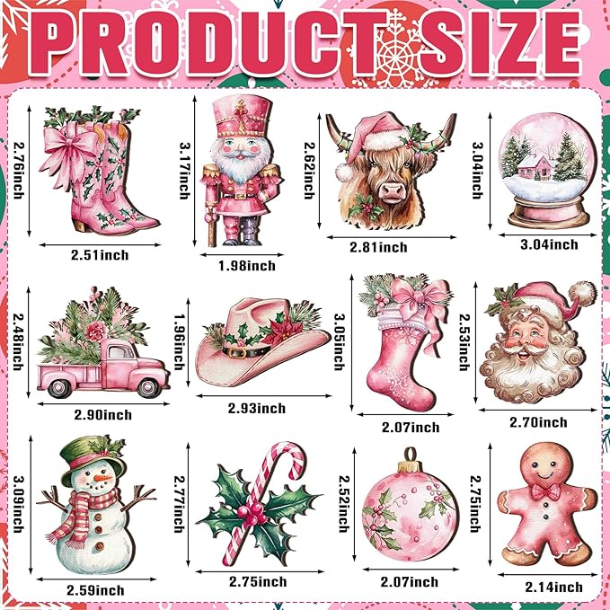 Huwena 36 Pcs Pink Christmas Ornaments Wooden Western Christmas Decorations for Tree Nutcracker Gingerbread Man Cowgirl Boots Hat Wood Cutouts Tags with Ropes Winter Decor for Xmas Tree Wreath Gifts