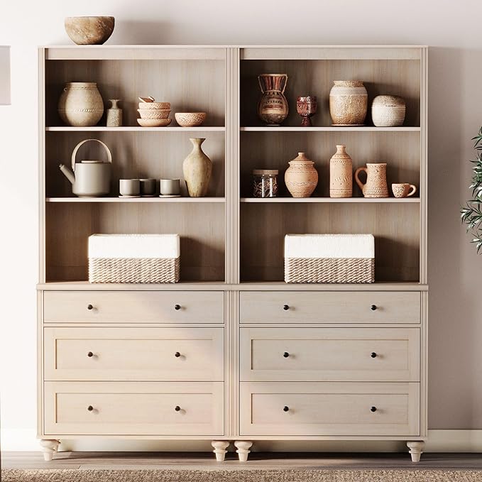 WAMPAT 3 Tier Bookshelf with 3 Drawers, 72" Tall Bookcase Large Farmhouse Display Book Case Shelf with 3-Tier Open Book Shelfs，Library Wood Bookshelves for Living Room,Kitchen, Light Oak(2PCS)