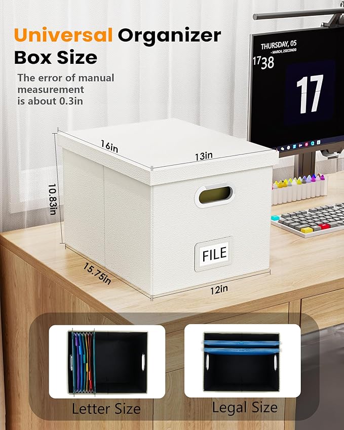 2 Pack File Storage Organizer, Portable File Box with Lid, Fit for Letter/Legal File Folder Storage, White (Leather) - Box only