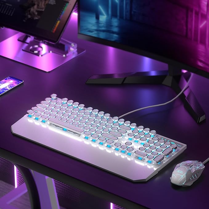 Retro Typewriter Keyboard and Mouse Combo, Cute White Keyboard with Linear Red Switches, Full Size Wired Mechanical Gaming Keyboard, Cool Light Up Keyboard and Mouse for Gaming,Work,Mac,PC,Windows
