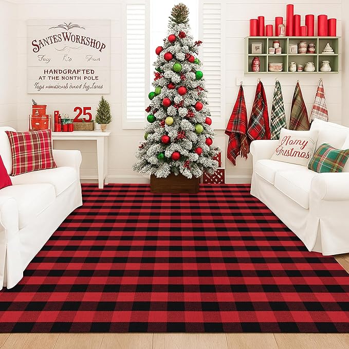 Ckorzen Red and Black Plaid Rug, 8' x 10' Christmas Front Porch Outdoor Rug, Handwoven Cotton Washable Rug for Layered Door Mats, Holiday Entryway and Home Décor