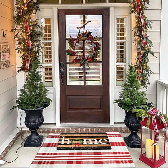 Christmas Plaid Outdoor Rug, 2'4" x 3'7" Red&White Check Indoor/Outdoor Area Rug, Layering Rug for Hello/Welcome Door Mat, Machine Washable Cotton Woven Rug for Farmhouse Front Porch,Entryway