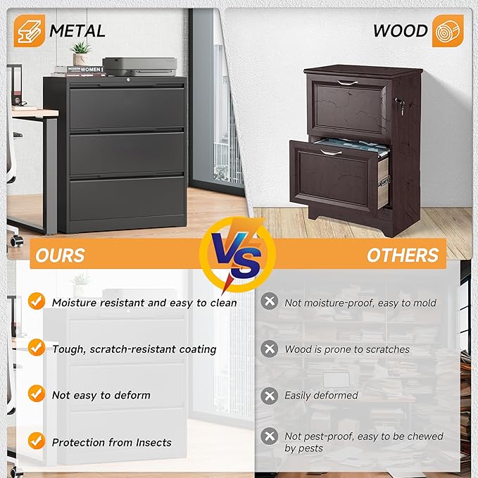 Lateral File Cabinet with Lock, 3 Drawer Lateral Filing Cabinet for Office Home, Locking Metal Steel Wide for Hanging Files Letter/Legal/F4/A4 Size, Easy Assemble Black