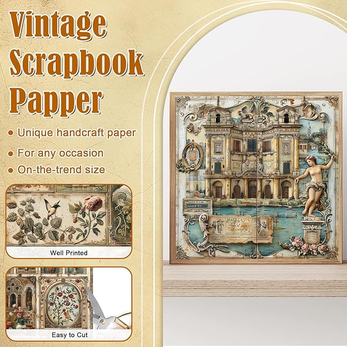 48 Sheets Vintage Baroque Scrapbook Paper, Vintage Decorative Paper for Scrapbook, Junk Journal paper, Pattern Paper, DIY Cards, and Photo Albums, Aesthetic Craft Supplies for Kids and Adults