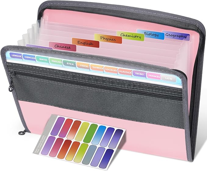 Sooez Accordion File Organizer with Safe Zipper, 8 Pocket Expanding File Folder with Front Pencil Pouch, Portable Monthly Paper Bill Tax Receipt Organizer, School Office Supplies, Light Pink