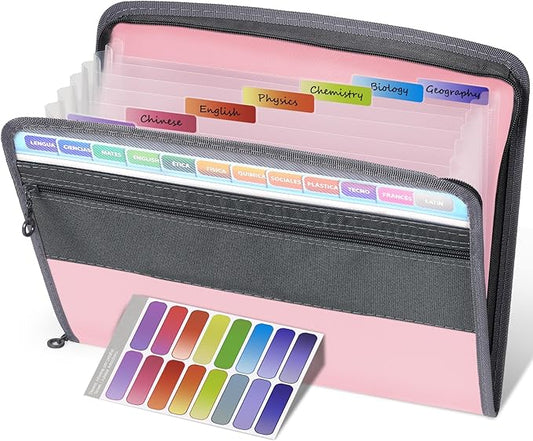 Sooez Accordion File Organizer with Safe Zipper, 8 Pocket Expanding File Folder with Front Pencil Pouch, Portable Monthly Paper Bill Tax Receipt Organizer, School Office Supplies, Light Pink