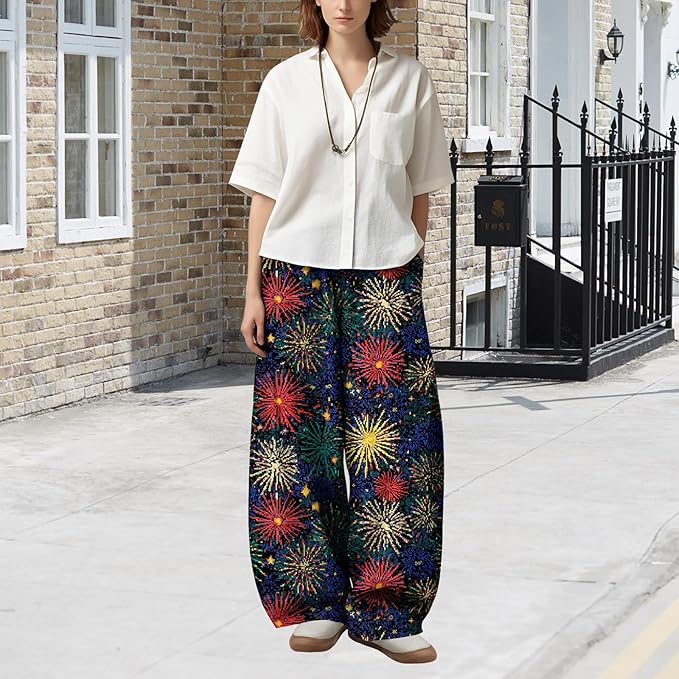 Zaswen Women's Oversize Loose Fit Breathable Pants Wide Leg Lounge Pants Fashion Casual Fireworks Print Trousers with Pockets