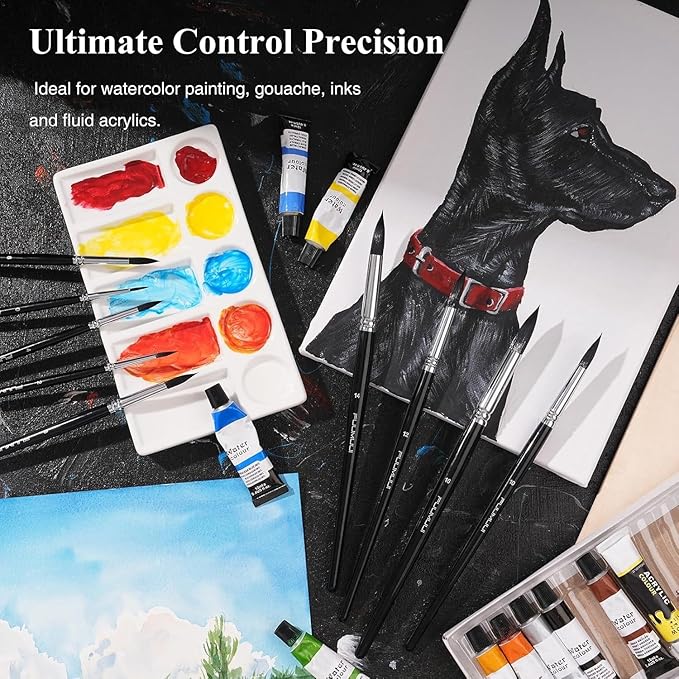 Watercolor Brushes Professional, Fuumuui 9Pcs Synthetic Squirrel Paint Brush Set for Adults Round Pointed Detail to Mop for Watercolor Gouache Acrylic Ink Painting