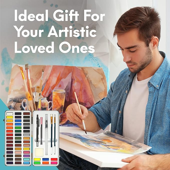 MozArt Supplies - Watercolor paint set 51 Vibrant Colors + accessories - For beginners & professionals