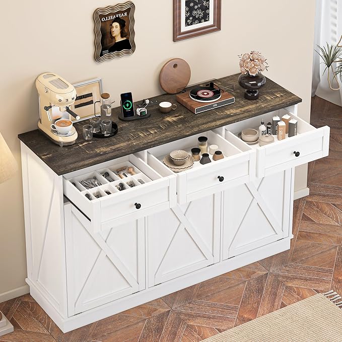 Farmhouse Tilt Out Trash Cabinet, Triple 13 Gallon Wooden Kitchen Trash Can Cabinet with Hideaway Drawer, Freestanding Garbage Recycling Cabinets, Pet Proof, Power Outlets, 59 Inch, White