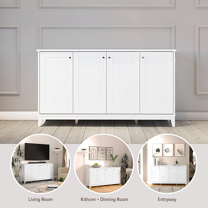 Prepac Yaletown 4 Panel Door Console Table with Storage, White Storage Cabinet with Doors and Shelves, Sideboard Storage Cabinet 60" W x 32" H x 16" D, WCBG-2220-1