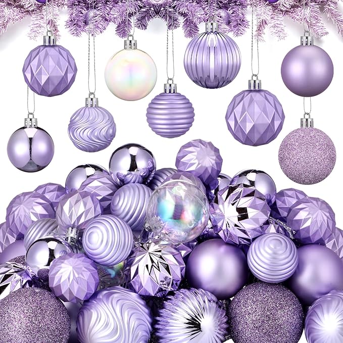 64 Pcs Lilac Purple Christmas Ball Ornaments Lavender Purple Christmas Ornaments Shatterproof Xmas Tree Decorations Set 1.6/1.97/2.4 Inch Light Pastel Purple Christmas Decor for Tree Home