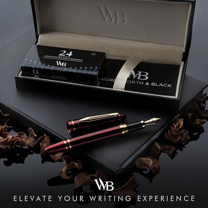 Wordsworth & Black Majesti Fountain Pen-(Red), Luxury Case, 24K Gold Finish; 18K Gilded Extra Fine Nib- Ink Cartridges, Refillable Ink Converter-Calligraphy Pen-Best Business Gift Set for Men & Women