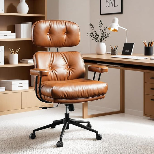 ovios Ergonomic Home Office Chair, Mid-Century Modern Faux Leather Chairs with Thickened Cushions, Comfy High Back Swivel Rolling Executive Computer Armchair (Brown, PU Leather)