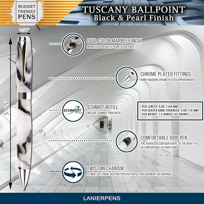 Lanier Pens Tuscany Black & Pearl Ballpoint Pen - Marbleized Gloss Body