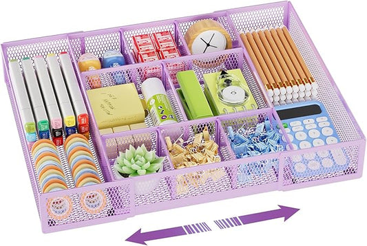 Marbrasse Expandable Desk Drawer Organizer, Mesh Drawer Organizer Tray with 10 Adjustable Compartments, Desk Organizers and Accessories for Office Supplies, Makeup & Vanity (Expandable-Purple)