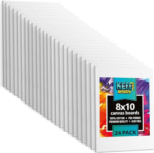 KEFF Canvas Boards for Painting - 8x10 24-Pack Bulk Canvas Panels Value Pack - 100% Cotton Triple Primed Canvases for Painting Supplies, Acrylic, Oil, Watercolor & Tempera