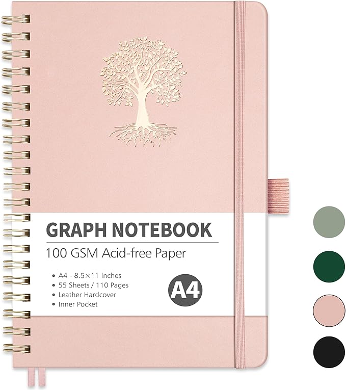 RETTACY Graph Grid Paper Notebook, 110 Pages, A4 Large Size (8.5'' × 11''), 5 Squares per Inch, Leather Hardcover, 100 GSM Thick Paper, for School, Students, Math, Engineering (Rose Gold)