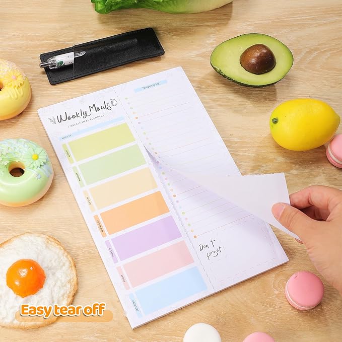 60 Sheet Meal Planner for Fridge with Pen Holder, Magnetic Weekly Meal Planner & Grocery List with Tear-off Shopping List for Meal Prep, 7x10''-Colored Lines