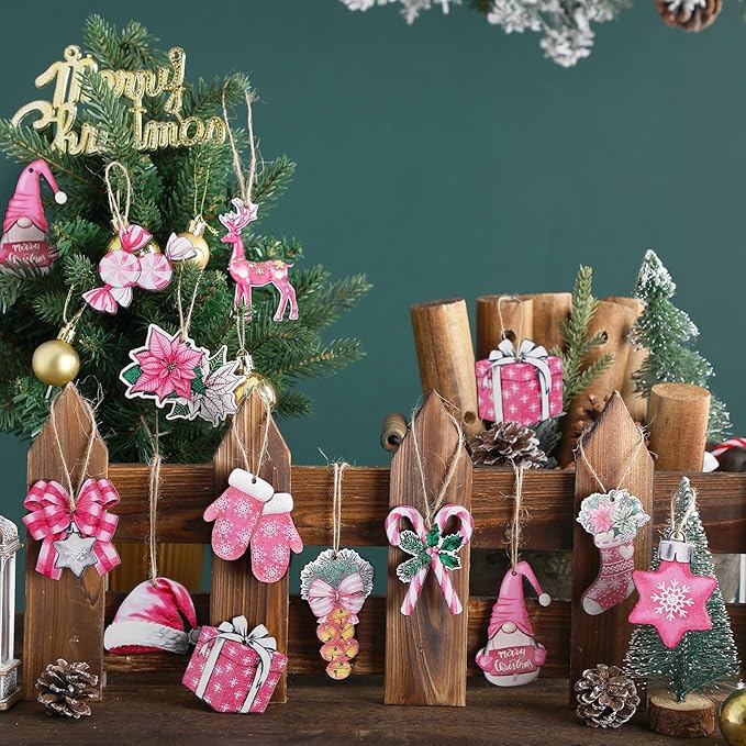 Huwena 36 Pcs Pink Christmas Wooden Ornaments Pink Christmas Decorations for Tree Snowman Gnomes Poinsettia Flowers Truck Wreath Wood Cutouts Tags with Ropes Winter Decor for Xmas Tree Gifts