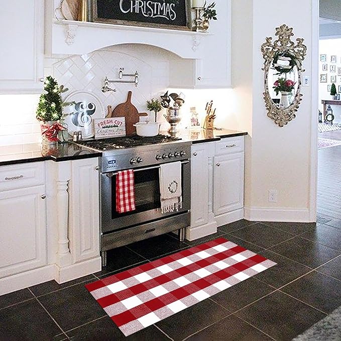Christmas Plaid Outdoor Rug, 2'x4'3'' Red&White Check Indoor/Outdoor Area Rug, Layering Rug for Hello/Welcome Door Mat, Machine Washable Cotton Woven Rug for Farmhouse Front Porch, Entryway