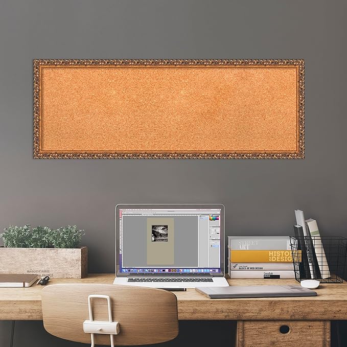Amanti Art Natural Cork Board for Wall, 14x38 Vision Board with Bronze Frame, Medium Corkboard Office Decor for Home Organization, Traditional Corkboard Pinboard to Display Items for Home