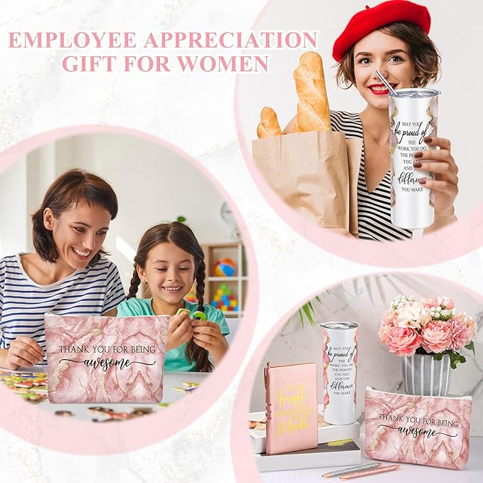 Domensi 6 Pcs Employee Appreciation Gift Set for Women Female Thank You Gift May You Be Proud 20 oz Rustic Marble Sign Tumbler Makeup Bag Journal for Teacher Nurse Lady Work Business(Pink)