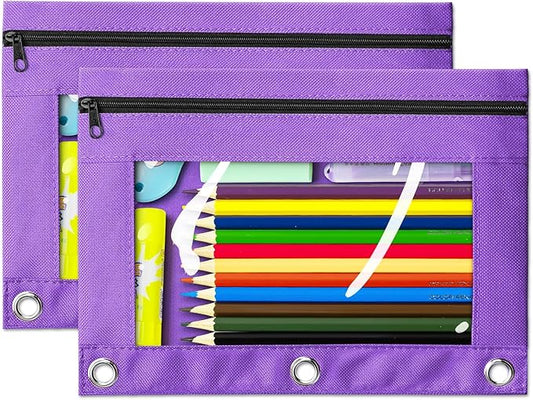 V-Opitos Pencil Pouch for 3 Ring Binder, 2 Pack Purple 3-Holes Zipper Pencil Pouches, Sturdy and Durable Cloth Pencil Case with Clear Window for Office School College Supplies