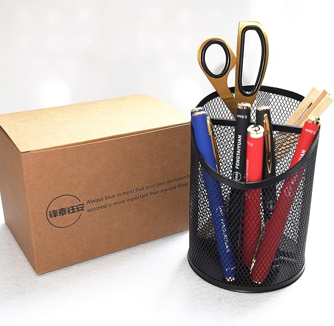Fengtaiyuan T06, Black Metal Wire Mesh Pencil Holder, Desktop Organizer, Office Storage Box (Black-T06)