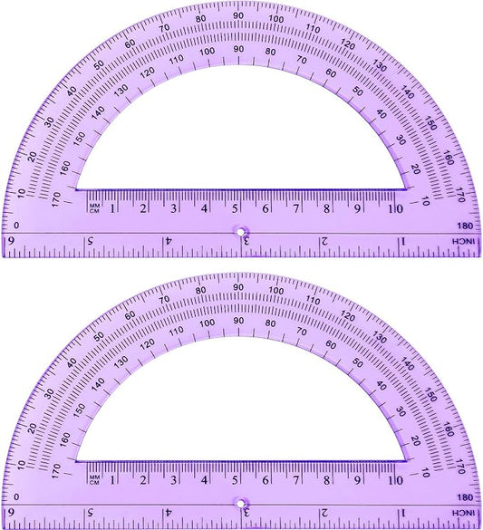 Zonon 2 Pcs 6 Inch Plastic Protractor Math Protractors 180 Degrees Angle Measurement, Translucent for Geometry Classroom Kid Student School Office Supplies(Purple)