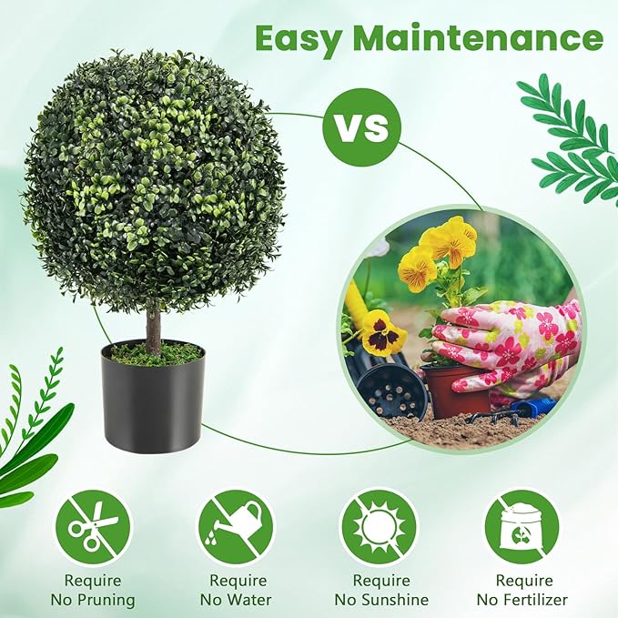 Goplus 22” Artificial Boxwood Topiary Ball Tree, Set of 2 Faux Potted Plants Artificial Shrubs Bushes with Cement Pot, Fake Evergreen Artificial Topiary for Indoor Outdoor Home Front Porch Decor