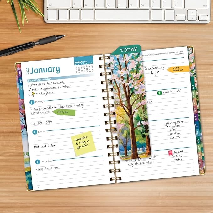 HARDCOVER 2026 Planner, 5.5"x8": 14 Months (November 2025 - December 2026), Daily Weekly Monthly Planner, Yearly Agenda, Bookmark, Pocket Folder and Sticky Note Set (Watercolor Tree)