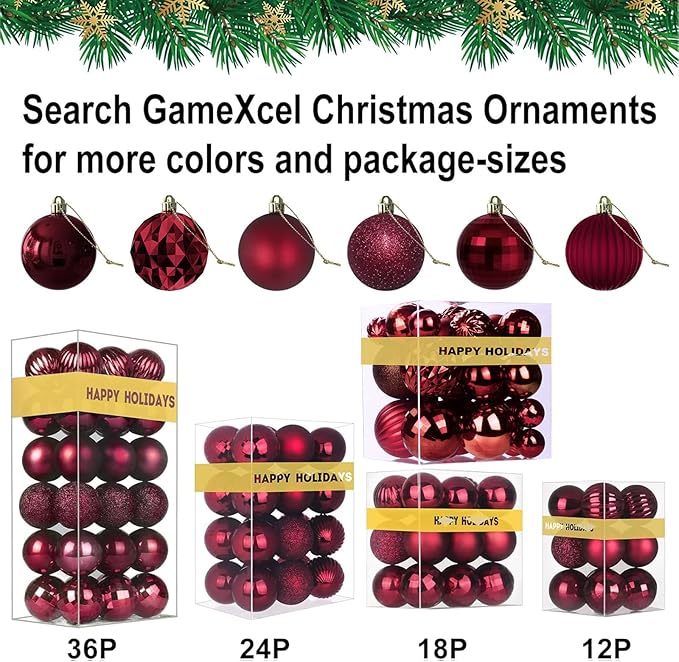 Maroon Christmas Ornaments - Christmas Tree Decorations Shatterproof Hanging Balls for Birthday Wedding Holiday Decor Set of 36pcs, Multi-Sizes(1.6",2.5",3.2")