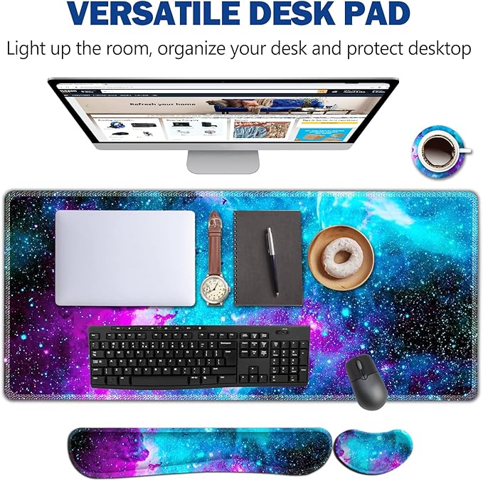 AIMSA Large Gaming Mouse Pad Set, Keyboard Wrist Rest Support Mouse Pad, Ergonomic Memory Foam Multifunctional Extended Desk Mat 35x15.7in Anti-Slip Rubber Base, Galaxy Nebula Universe