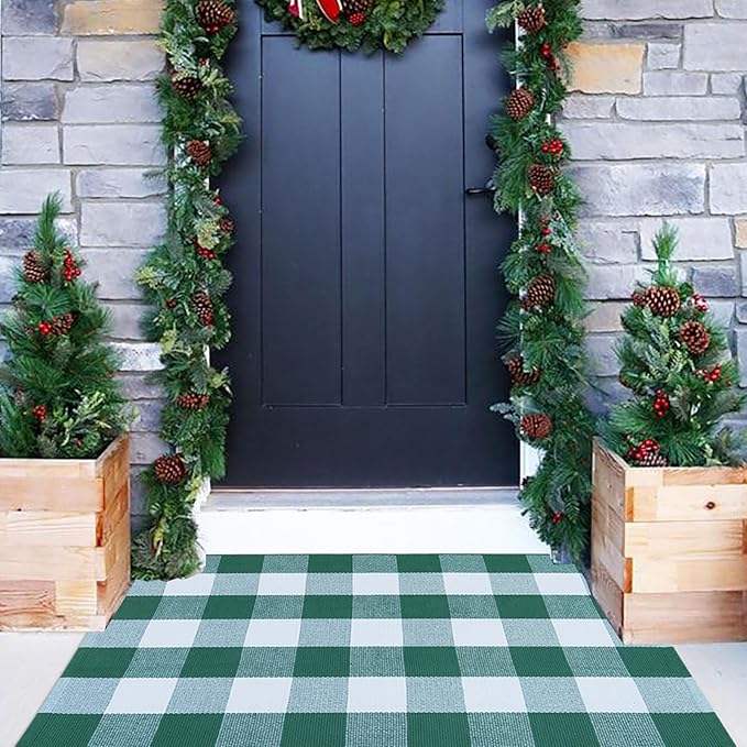 Green & White Plaid Rug, 2'4" x 3'7" Check Indoor/Outdoor Area Rug, Hello/Welcome Door Mat Layering Rug, Machine Washable Cotton Woven Mat for Farmhouse Front Porch, Entryway