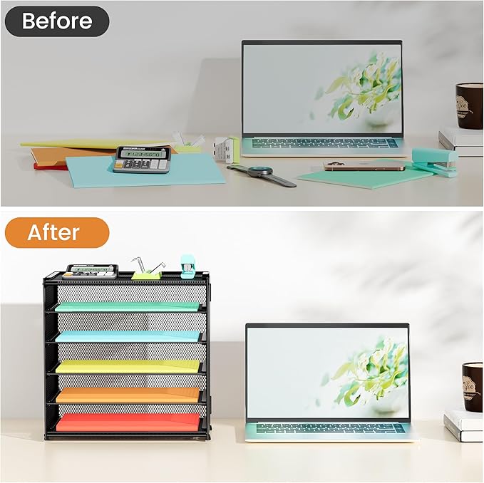 2 Pack 6 Tier Paper Organizer, Metal Mesh Desk File Folder, Letter Tray Organizer, Paper Sorter Desk Organizers for Office, Home or School File Folder Holder - Black