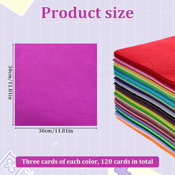 120 Pcs 12 x 12 Inch Felt Sheets for Craft Assorted Color Squares Fabric Sheets for DIY Crafts Sewing Patchwork