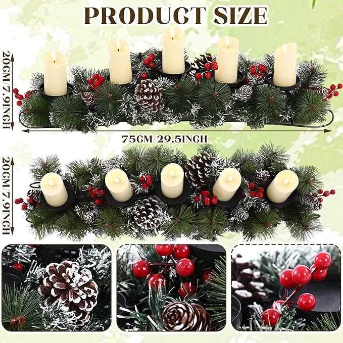 Yungyan Christmas Tabletop Centerpiece 30 Inch, Includes 5 Battery Operated LED Candle Holders, Red Berries, Pine Cones and Base, Christmas Artificial Dinner Table Decorations