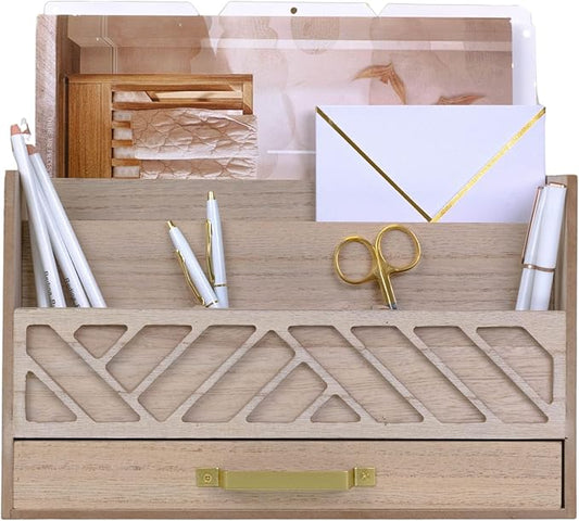 BLU MONACO Natural Mail Organizer with Drawer and Gold Handle – Desktop Mail Holder and Office Supplies Storage – Home Office Desk Accessories – Letter Sorter and Paper Organizer