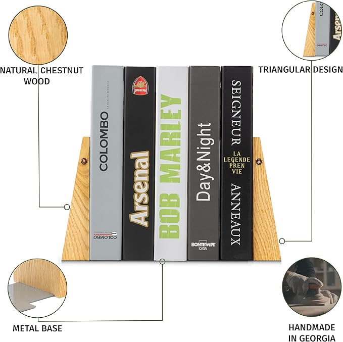 TILISMA Book Ends for Shelves - Handmade Wooden Bookends with Metal Base, Chestnut Tree - Sturdy Book Holders for Bookshelves - Fancy Modern Decorative Bookends, Heavy Duty – Home Décor Accessories