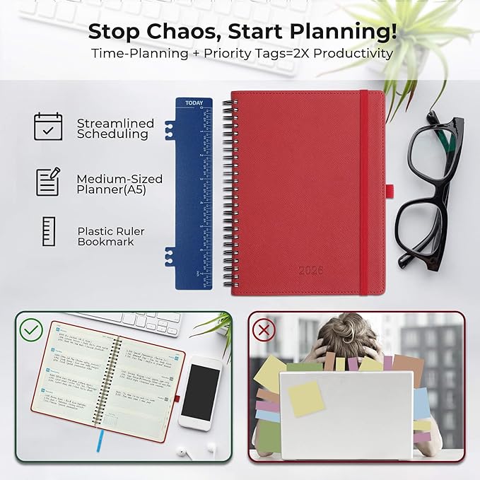 Planner 2026 Daily Weekly and Monthly,8.5"x6.5",12 Months Spiral Bound Calendar Agenda with Self-adhesive Pen Holder,2026 Appointment Book with Vegan Leather Soft Cover,Red