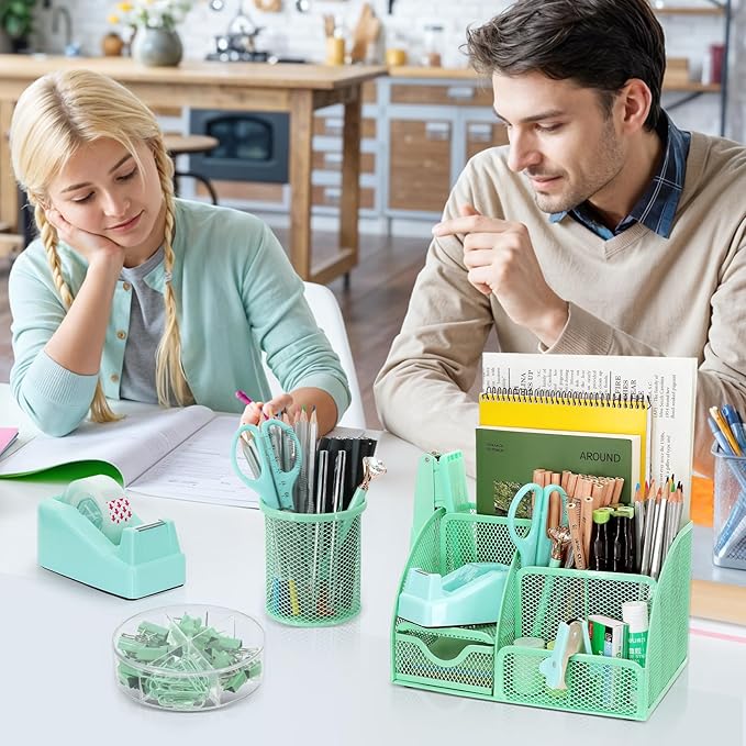 13-in-1 Office Desk Organizer Set with Stapler and Tape Dispenser, Pen Holder, Scissors, Ruler, Hole Punch, 2 Pens & More Desktop Accessories for Back to School Supplies (Green)