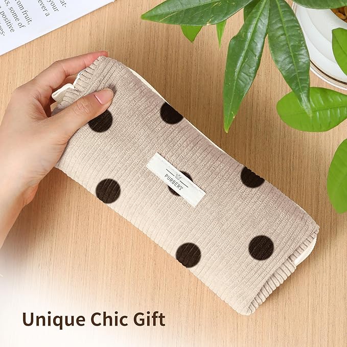 Pencil Bag Pen Case, Soft Corduroy Small Pencil Pouch Organizer with Zipper, Cute Pencil Case Pouch Stationery for Girls and Boys – Dot Beige