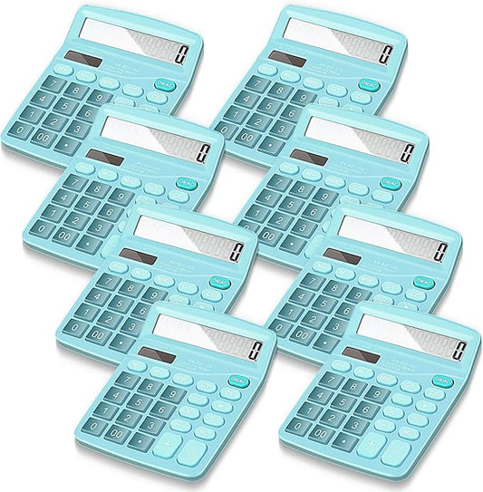 Konohan 8 Pieces 12-Digit Calculator, Solar Basic Desktop Calculator Large Display Electronic Dual Power Handheld for Home Office School(Blue)