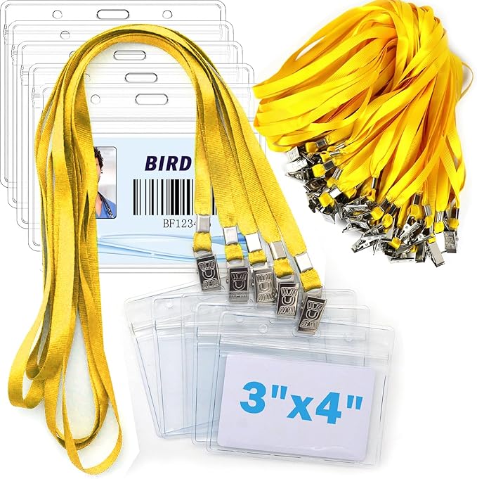 4x3 Name Tags Badge Holder with Lanyard 50 Pack Waterproof Horizontal ID Badge Holder and 50 Pcs Lanyards Nametag for Conferences, Events, and Meetings (Yellow, 4 X 3 inches)